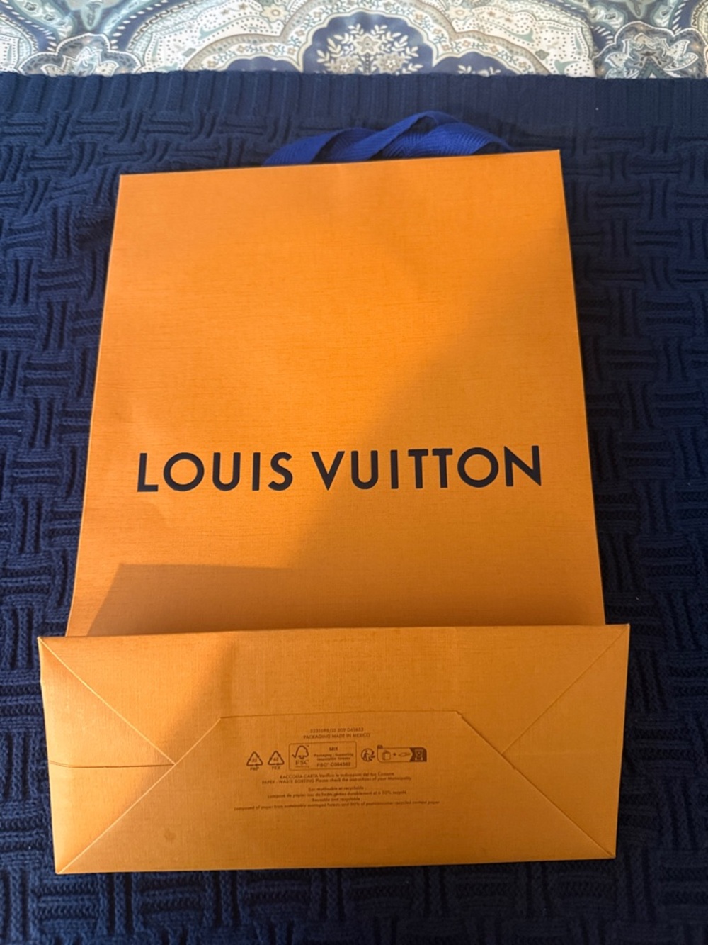 Louis Vuitton Orange Shopping Bag with Blue Ribbon Handles